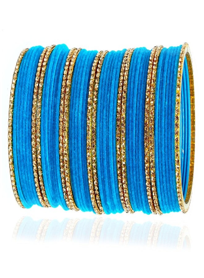 JD'Z COLLECTION Indian Jewelry CZ Stone Bangles Set for Women, Set of 48 Bangle, Bollywood Bangle Bracelet | Indian Bangles for Women | Perfect for Ethnic Ocassions | Bridal | Traditional Jewelry | Velvet Bangle (Firozi, 2.6 (Inner Dia-2.37 inches)) - Image 3
